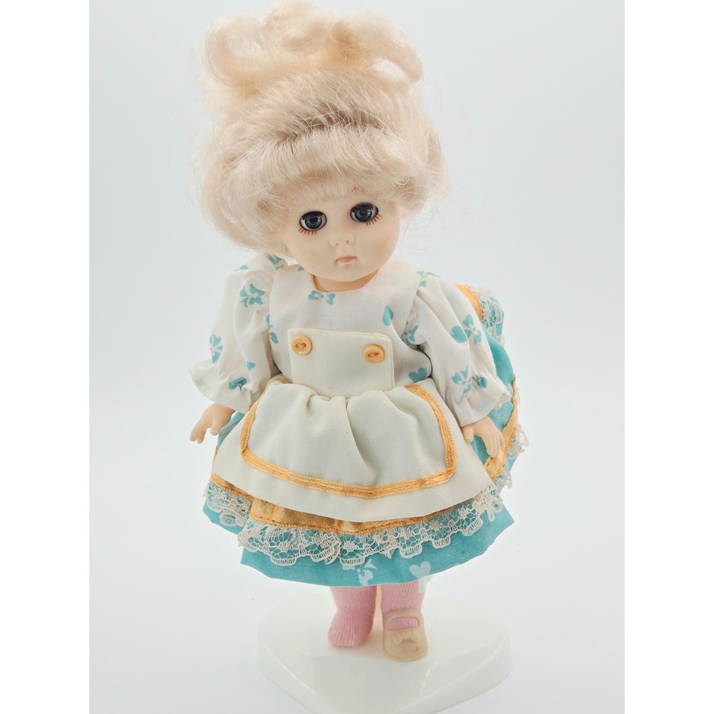 Vintage Vogue Ginny Doll 7 Inch Blonde Sleepy Eyes Teal Floral Dress with Stand
